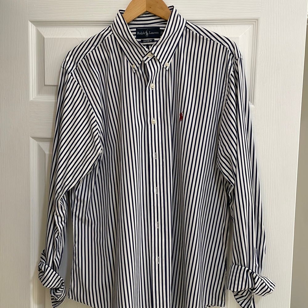 Polo by Ralph Lauren white with navy blue stripe ,  red pony pure Ralph Lauren!!